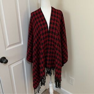 Red and Black Houndstooth Shawl Poncho with Fringe One Size